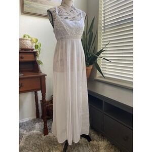 Vtg Flora Maxi Dress M Ivory Floral Sheer Pleated Nightgown Cottagecore Fairy